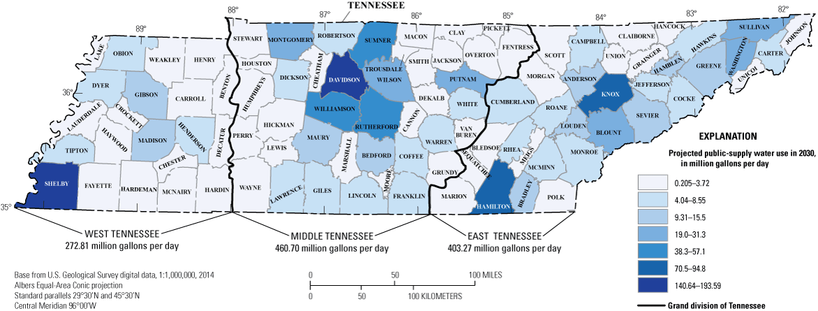 Projected water use was generally less than 57.1 Mgal/d per county.