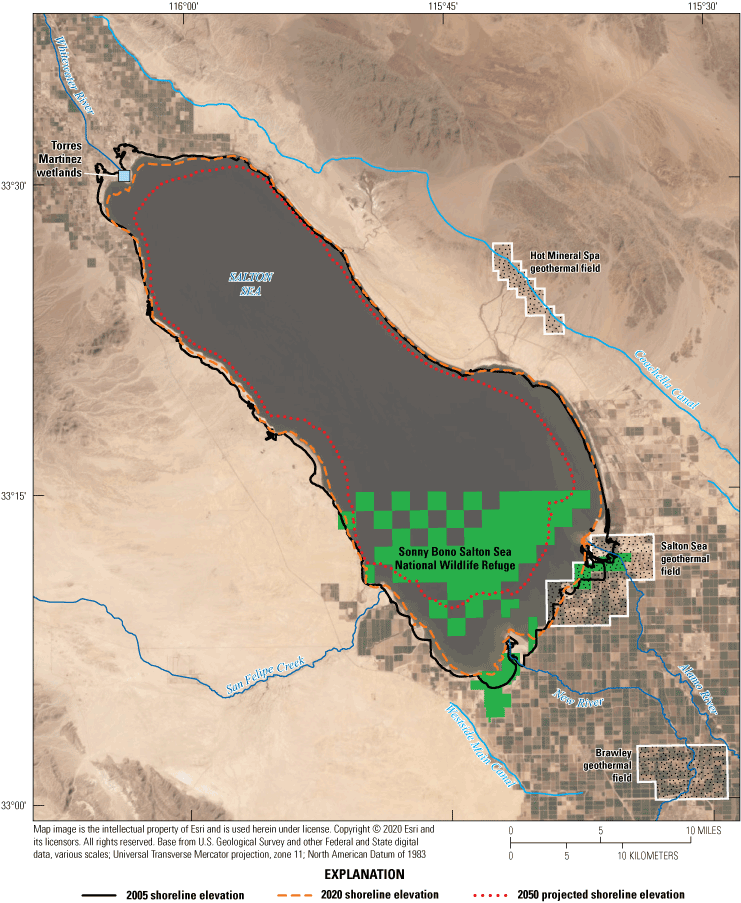 3. Current (2020) and predicted shoreline elevations of the Salton Sea