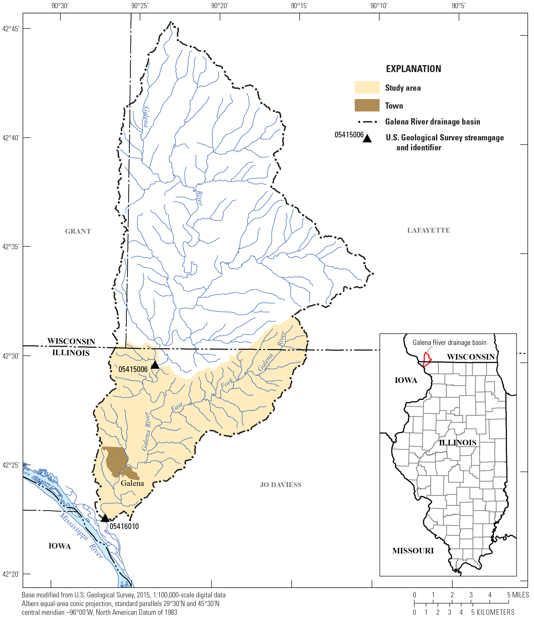 Map outlining Galena watershed within Illinois/Wisconsin with gaging station locations.
                        The lower basin is shaded a different color.