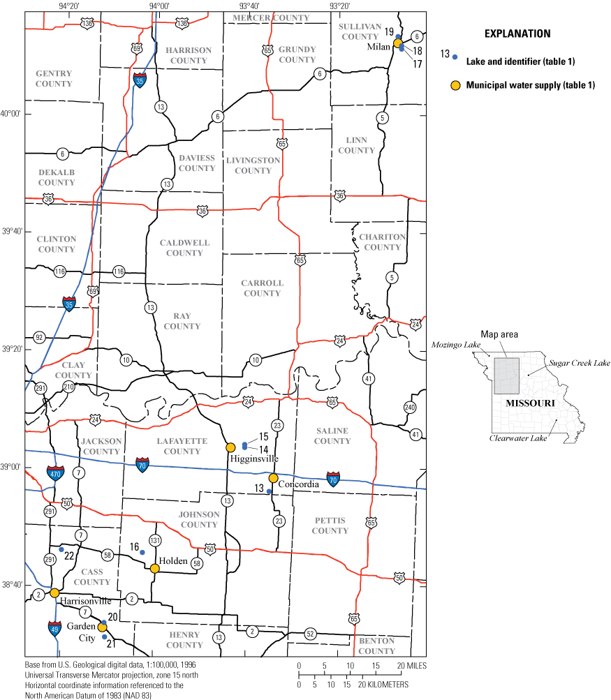 Map showing locations of water-supply lakes in north-central and west-central Missouri
                     surveyed in 2020.