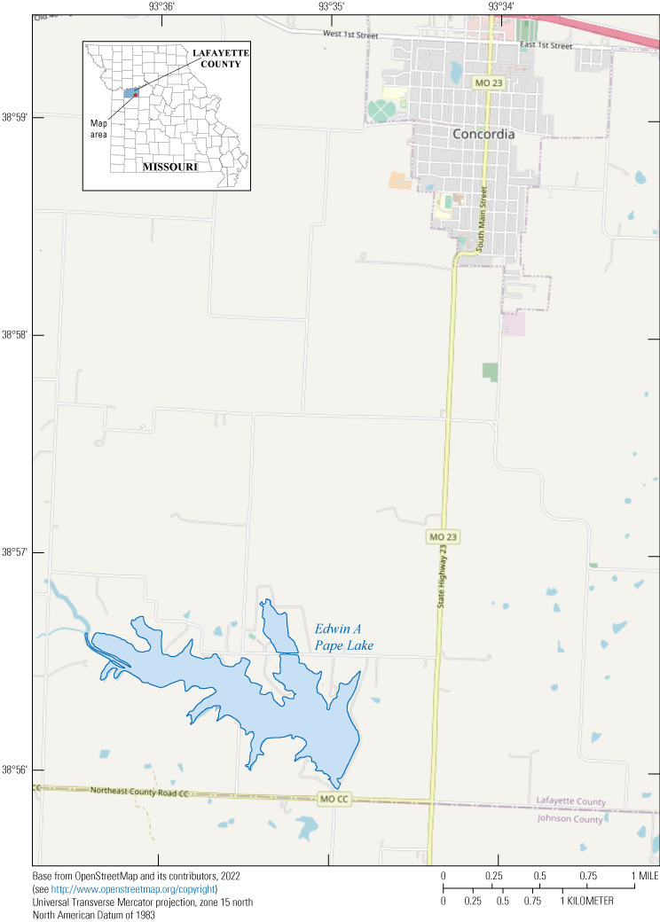 Map showing location of Edwin A Pape Lake near Concordia.