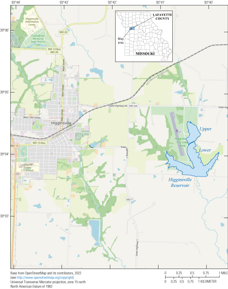 Map showing location of Higginsville Reservoir near Higginsville.