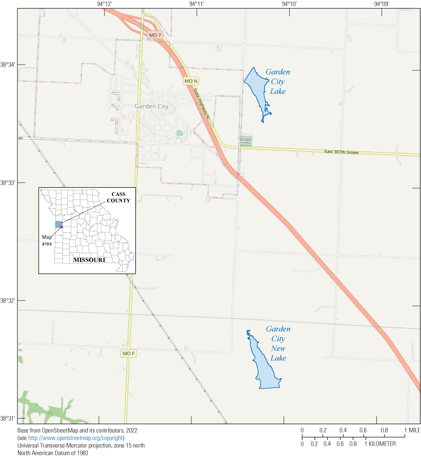 Map showing location of Garden City Lake and Garden City New Lake near Garden City.