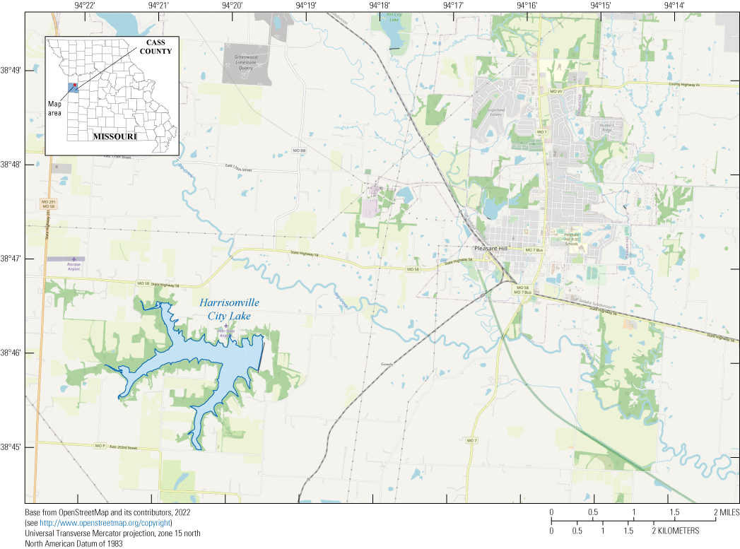Map showing location of Harrisonville City Lake near Pleasant Hill.