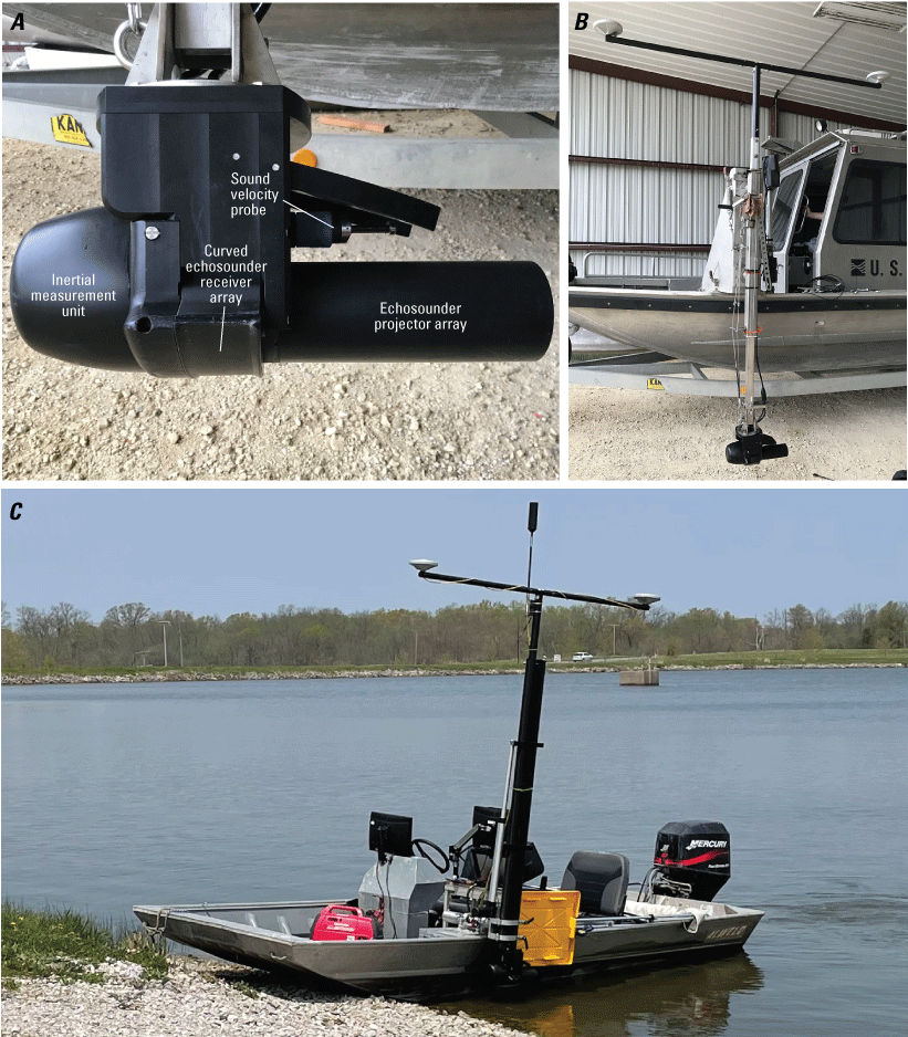 Photographs of the multibeam echosounder on the two survey boats.