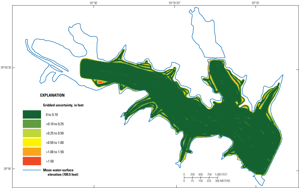 Gridded uncertainty of bathymetric data from the survey at Edwin A Pape Lake near
                           Concordia is from 0 to 0.10 foot for most of the surveyed area.