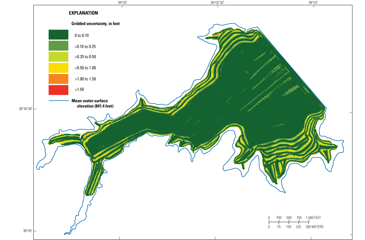 Gridded uncertainty of bathymetric data from the survey at Holden City Lake near Holden
                           is from 0 to 0.10 foot for most of the surveyed area.