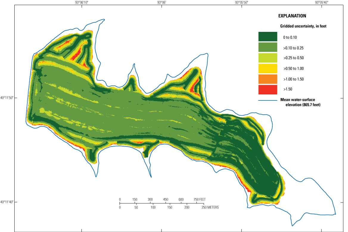 Gridded uncertainty of bathymetric data from the survey at Number 41 Lake near Milan
                           is from 0 to 0.25 foot for most of the surveyed area.