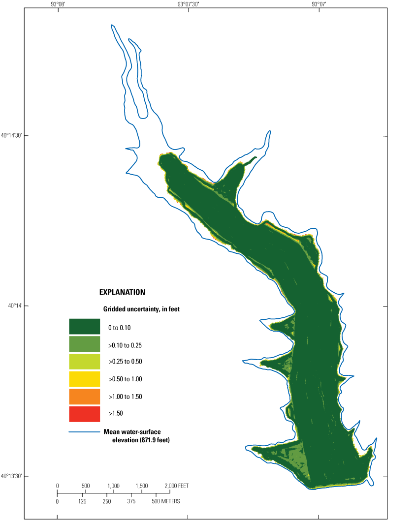 Gridded uncertainty of bathymetric data from the survey at New Milan Reservoir near
                           Milan is from 0 to 0.10 foot for most of the surveyed area.