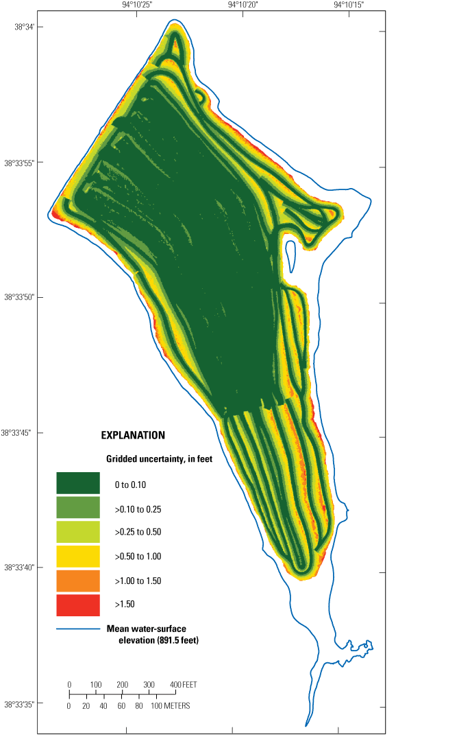 Gridded uncertainty of bathymetric data from the survey at Garden City Lake near Garden
                           City is from 0 to 0.25 foot for most of the surveyed area.