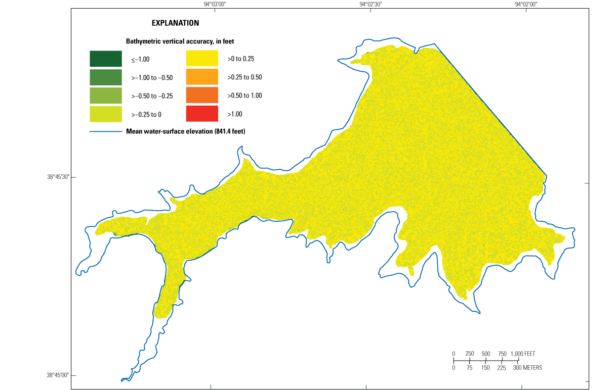 Distribution of vertical accuracy is less than –0.25 to 0.25 foot for most of Holden
                     City Lake near Holden.