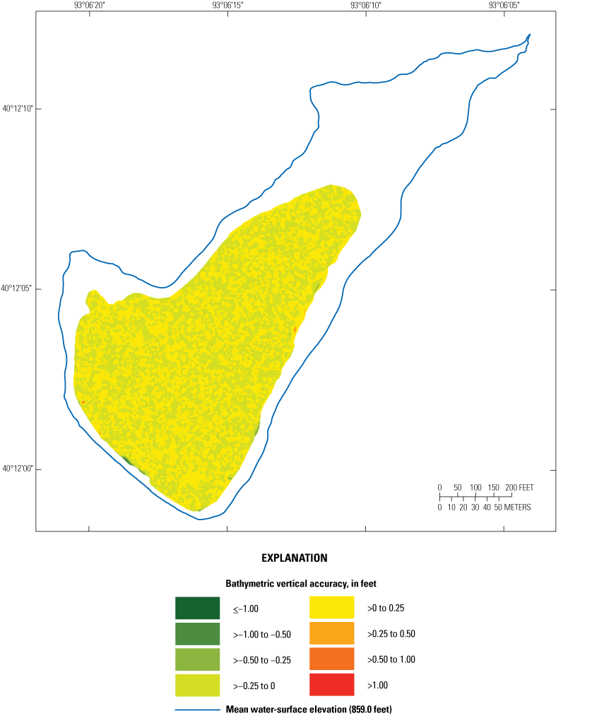 Distribution of vertical accuracy is less than –0.25 to 0.25 foot for most of City
                     of Milan Lake near Milan.