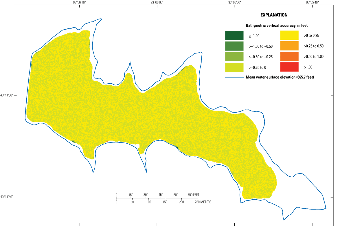 Distribution of vertical accuracy is less than –0.25 to 0.25 foot for most of Number
                     42 Lake near Milan.