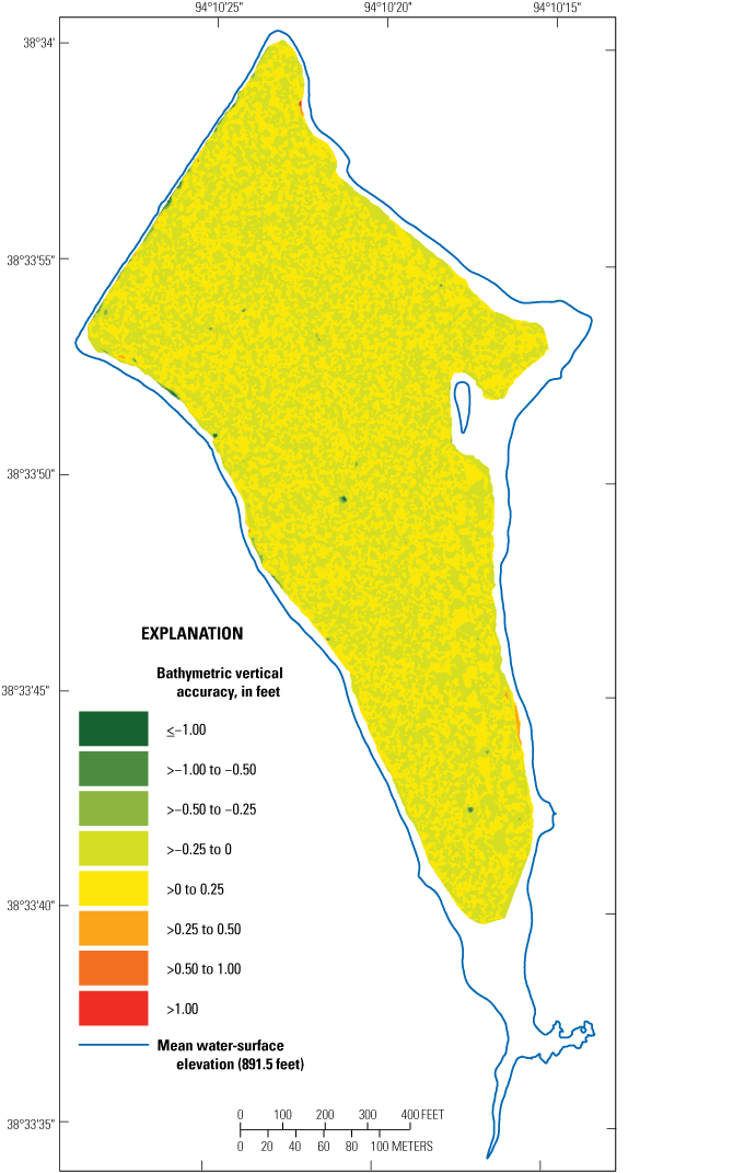 Distribution of vertical accuracy is less than –0.25 to 0.25 foot for most of Garden
                     City Lake near Garden City.