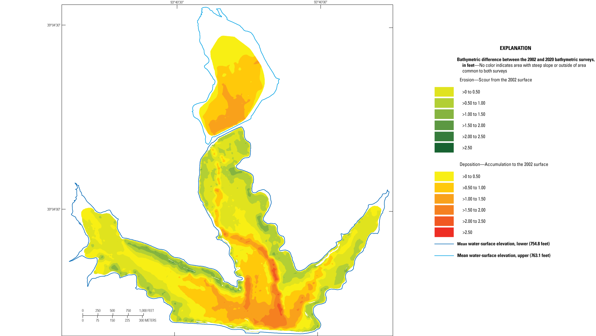 Change in bathymetry at Higginsville Reservoir near Higginsville ranges from −2.06
                     to 2.34 feet.