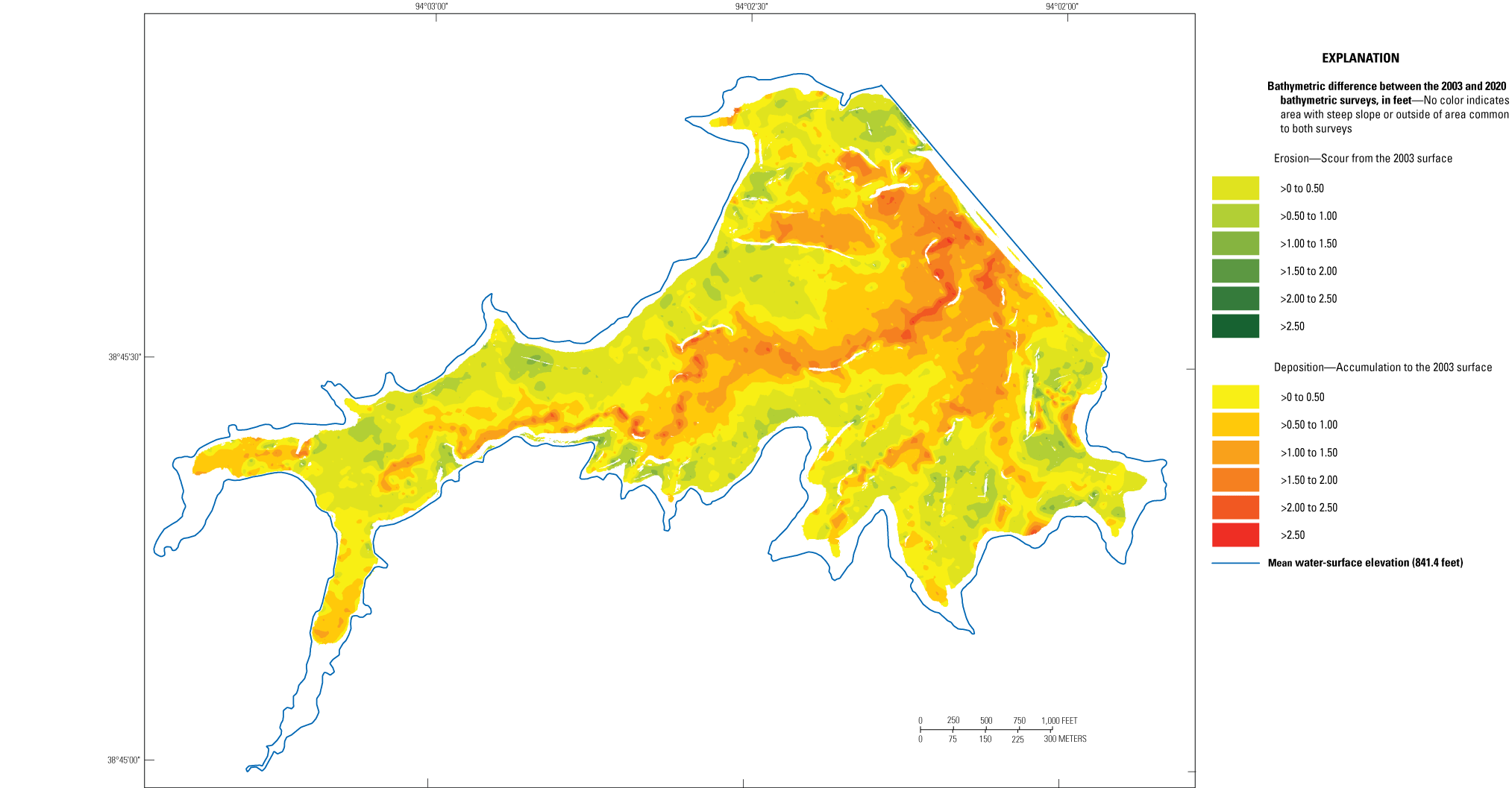 Change in bathymetry at Holden City Lake near Holden ranges from −1.84 to 2.63 feet.