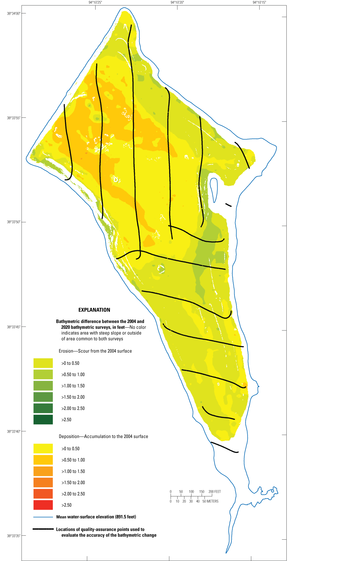 Change in bathymetry at Garden City Lake near Garden City ranges from −0.92 to 1.01
                     feet.