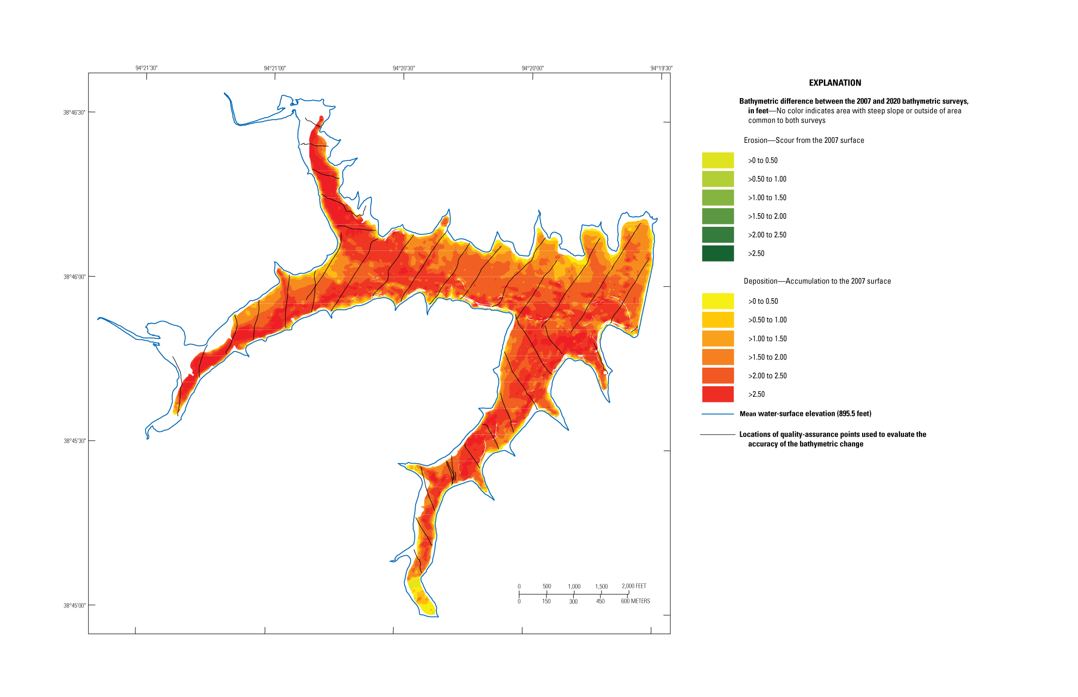 Change in bathymetry at Harrisonville City Lake near Pleasant Hill ranges from −0.54
                     to 4.15 feet.