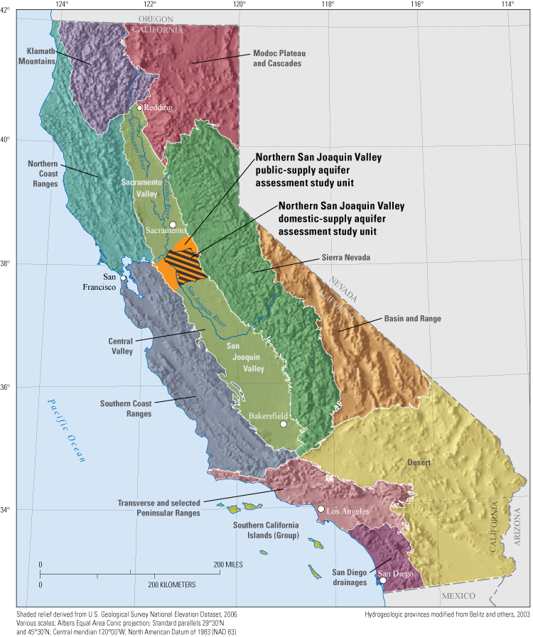 1. Province boundaries on relief map of State with Northern San Joaquin Valley study
                     units identified south of Sacramento