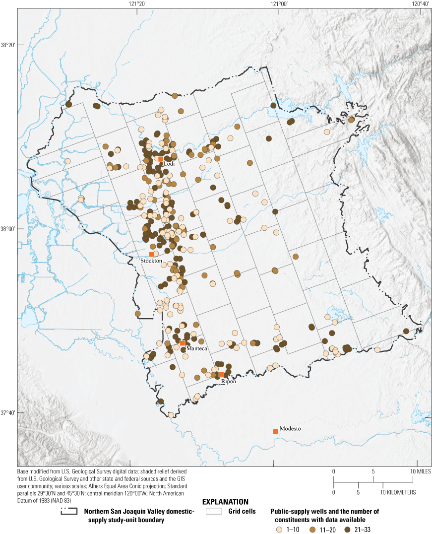 6. Public-supply wells are more densely packed on the western edge of the study unit
                        around the cities of Lodi, Stockton, Manteca, and Ripon and become sparce to the east
                        of the cities and many have multiple water-quality measurements.