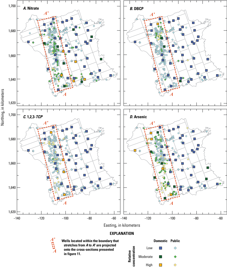 12. Color coded well points showing high, moderate, and low relative concentrations
                        of nitrate, DBCP, 1,2,3-TCP, and arsenic on four unique map panels with just the study
                        unit and grid cell outlines.