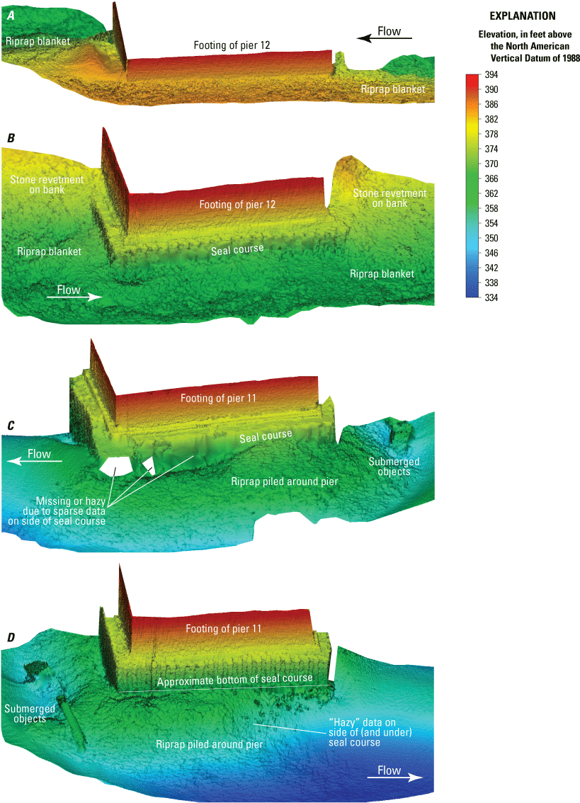 Visualization of channel bottom and sides of piers at Interstate 70 bridge over the
               Mississippi River.