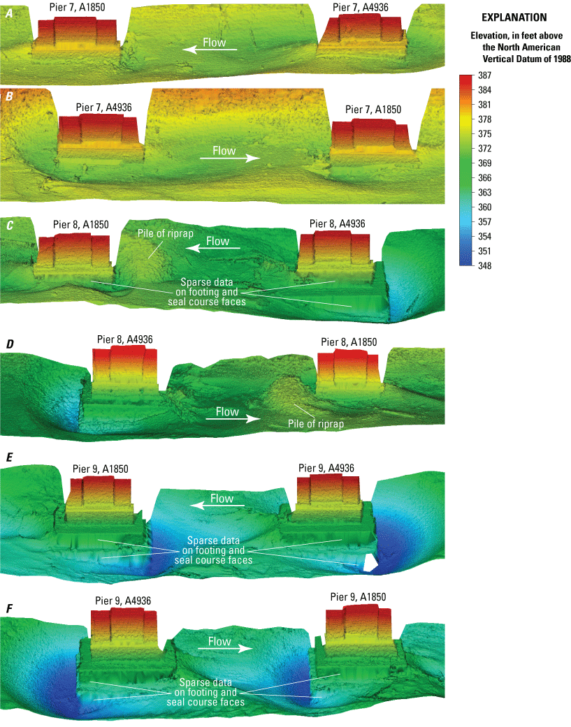 Visualization of channel bottom and sides of piers near the left bank at Interstate
               255 bridges over the Mississippi River.