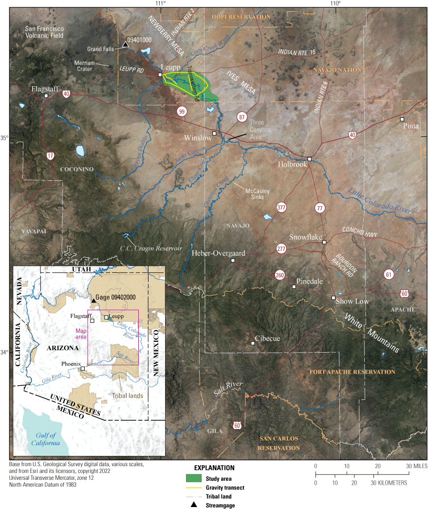 Figure 1.	Map of a large section of east-central Arizona with the Little Colorado
                     River alluvial aquifer study area near the top to show important surface-water drainages
                     that flow into the study area from the south and southeast.