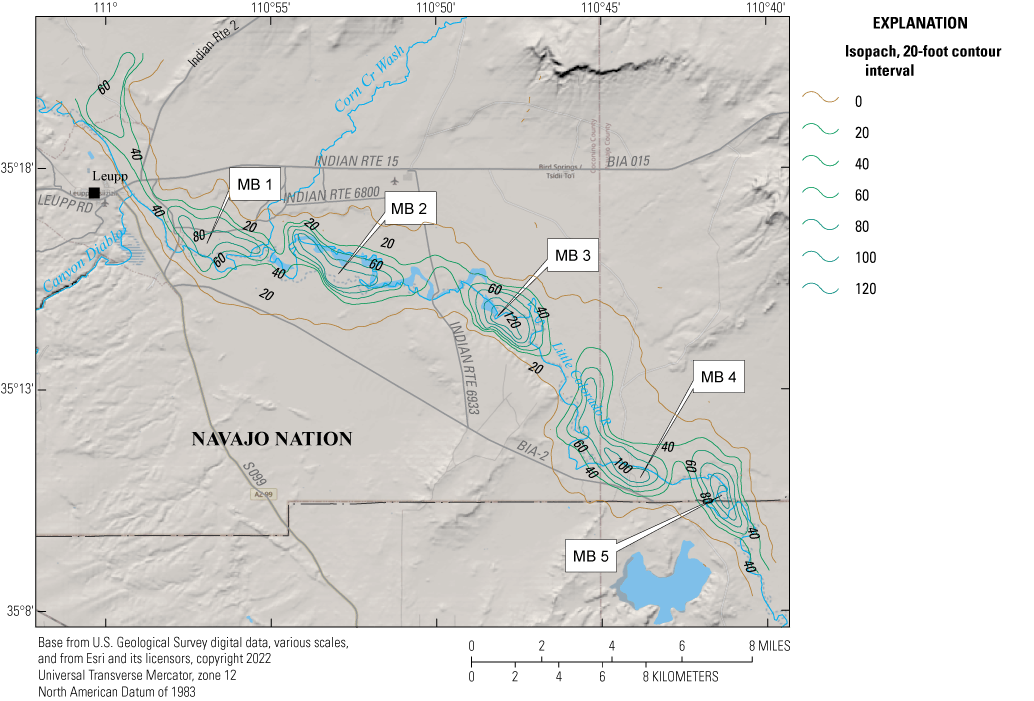 Figure 4.	Isopach map showing interpreted thickness of recent alluvium along the Little
                           Colorado River within the study area. Isopach lines have a 20-foot contour interval
                           and show 5 separate areas where the alluvium is thickest, designated microbasins 1–5.