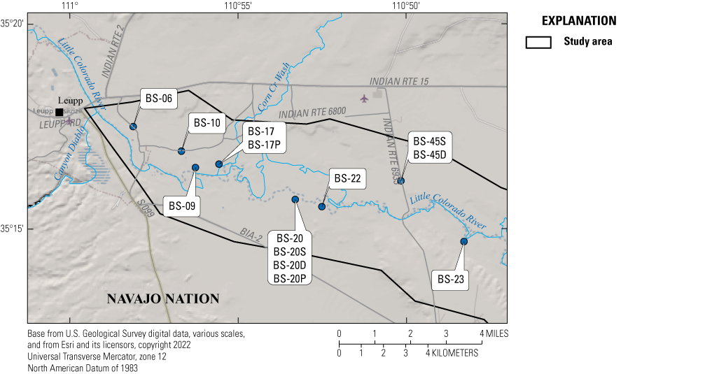 Figure 5.	Map showing locations of wells used in this study. Wells are located along
                        the Little Colorado River east of Leupp, Arizona.