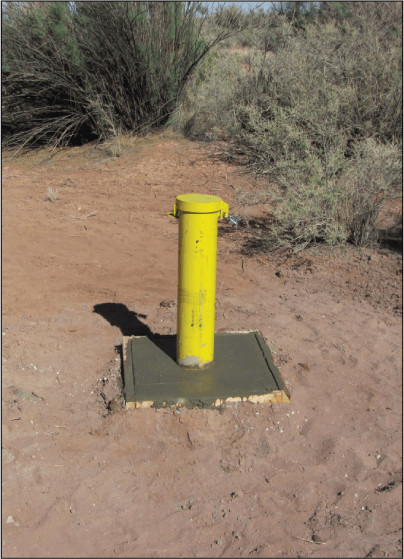 Figure 6.	Photograph of well BS-45S, which has a yellow, 2.5-foot-tall, 6-inch-diameter
                        steel surface casing with a removable steel cap held in place by a paddle lock. Casing
                        is surrounded by a 2×2-foot concrete pad.