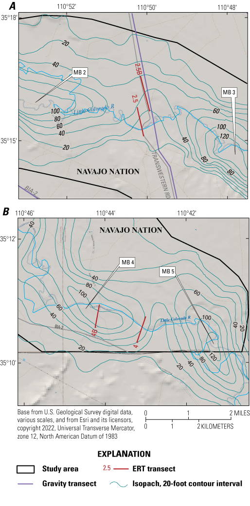 Figure 7.	Two isopach maps showing estimated thickness of alluvium in microbasins
                        2–5. Isopach lines have a 20-foot contour interval and reach 120 ft. Part A shows
                        microbasins 2 and 3. and electrical resistivity tomography transects 2.5 and 2.5B,
                        which are oriented southeast–northwest between the two microbasins. Part B shows microbasins
                        4 and 5 and electrical resistivity tomography transects 4 and 4B, which are oriented
                        southwest–northeast. Transect 4 is between microbasins 4 and 5; transect 4B is near
                        the center of microbasin 4.