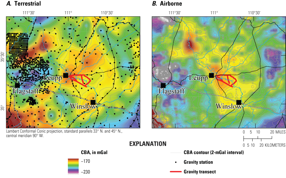 Figure 10.	Two maps of the complete Bouguer gravity anomaly shown in a rainbow color
                           scheme, ranging from −230 to −170 milligal, in an approximately 90 mile east-west
                           by 80 mile north-south region centered on Leupp, Arizona. Part A shows terrestrial
                           gravity data and part B shows airborne gravity data.