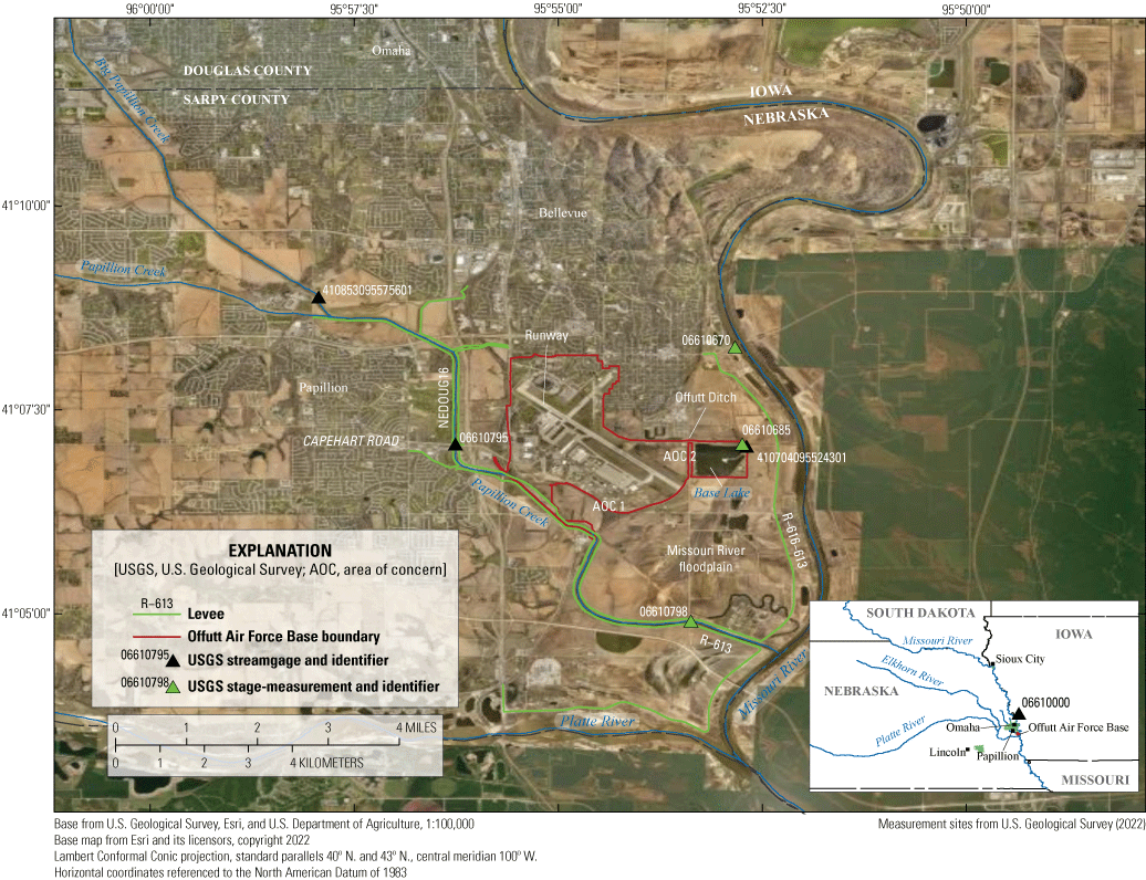 Two areas of concern, Federal levees, and U.S. Geological Survey streamgages and stage-measurement
                     gages are shown.