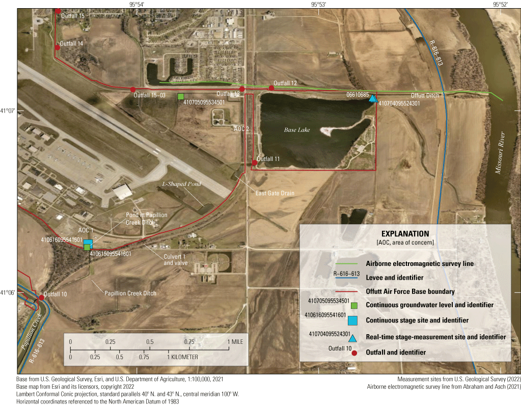 Water-level monitoring sites and major surface-water features are shown on and near
                           Offutt Air Force Base.