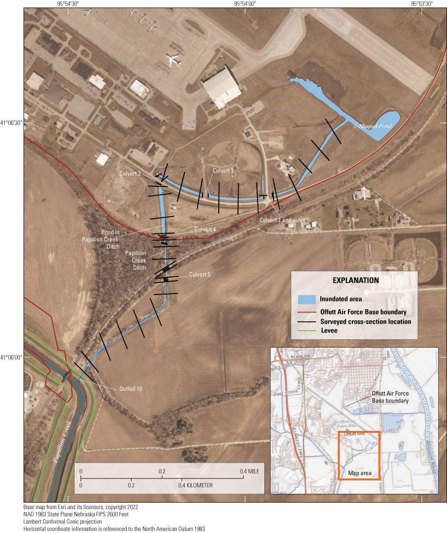 Location of surveyed cross sections of Papillion Creek Ditch and inundated area is
                           shown.