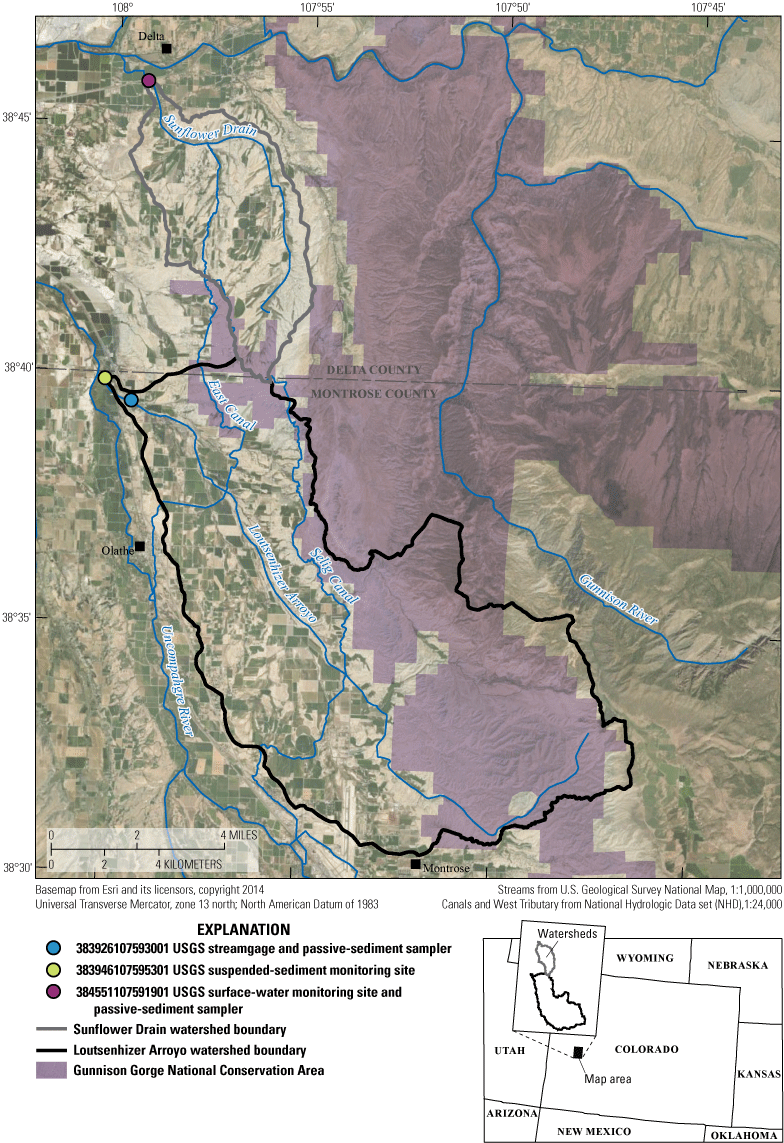 Study area showing U.S. Geological Survey monitoring and sampling sites in the Loutsenhizer
                        Arroyo and Sunflower Drain watersheds in Delta and Montrose Counties, respectively,
                        of western Colorado.
