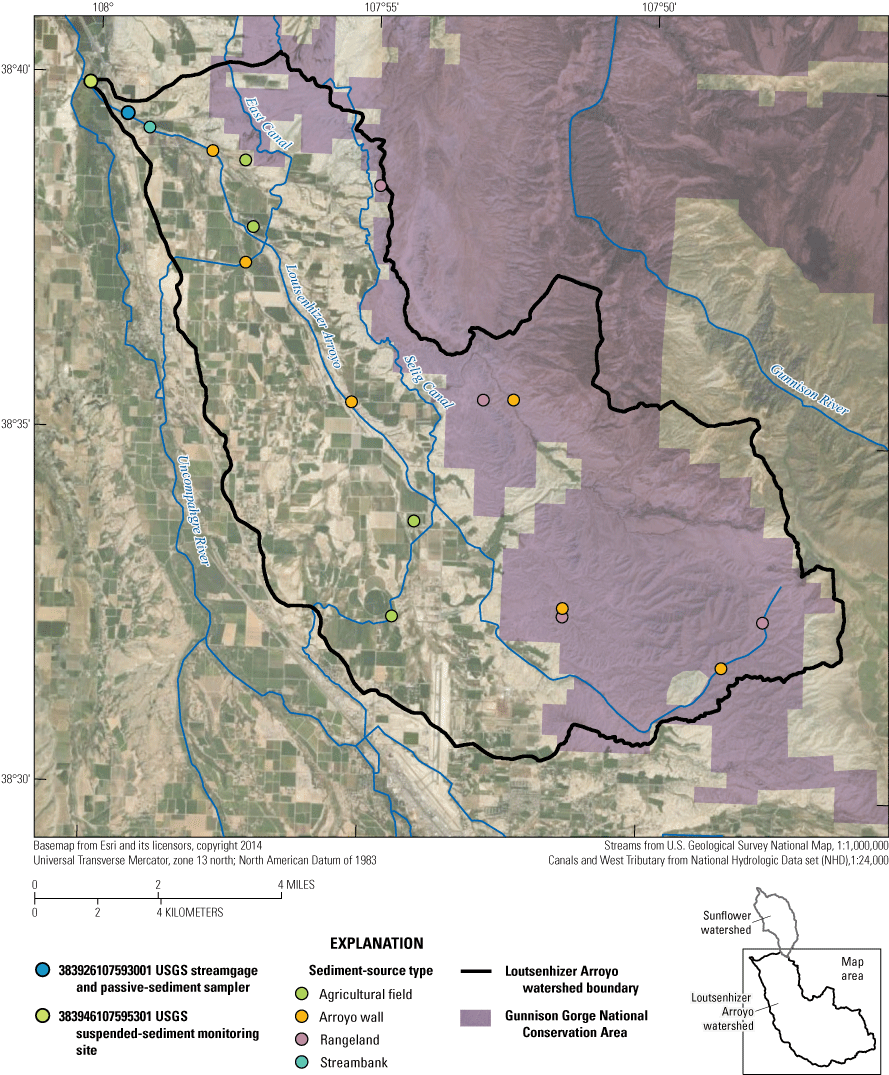 Locations of U.S. Geological Survey streamgage, water-quality sampling sites, and
                           sediment source-type sampling locations in Loutsenhizer Arroyo watershed, western
                           Colorado.