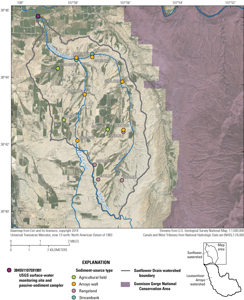 Locations of U.S. Geological Survey passive sampling of suspended sediment, suspended-sediment
                           monitoring, and sediment source-type sampling in the Sunflower Drain watershed, western
                           Colorado.