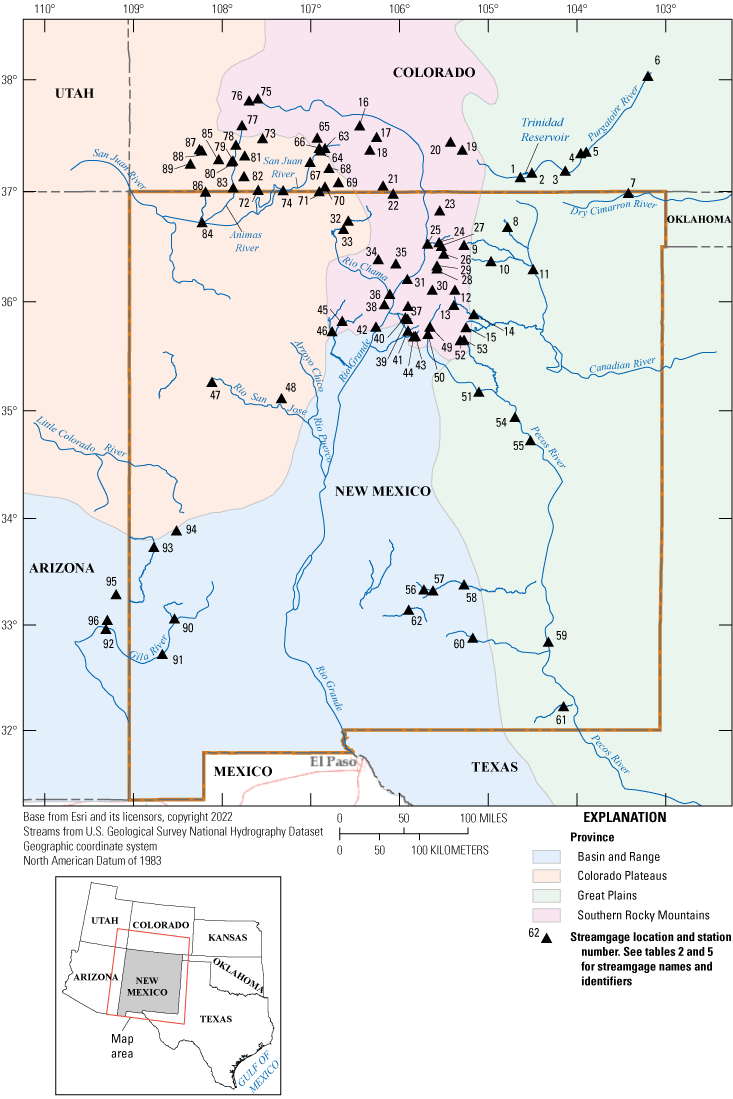 96 streamgages are located in northern New Mexico, southern Colorado, and eastern
                        Arizona, across 4 physiographic provinces