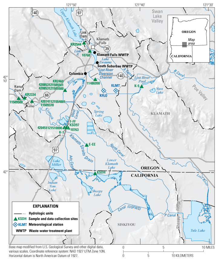 Displays the upper Klamath River, from the Link Dam to Keno Dam. Also includes other
                        water bodies, such as Upper Klamath Lake, Lower Klamath Lake, Tule Lake, and some
                        of the primary canals and ditches, including the Klamath Straits Drain, Ady Canal,
                        North Canal, and the Lost River Diversion Channel. U.S. Geological Survey stream gages,
                        in addition to other sampling and data collection sites, are also shown.