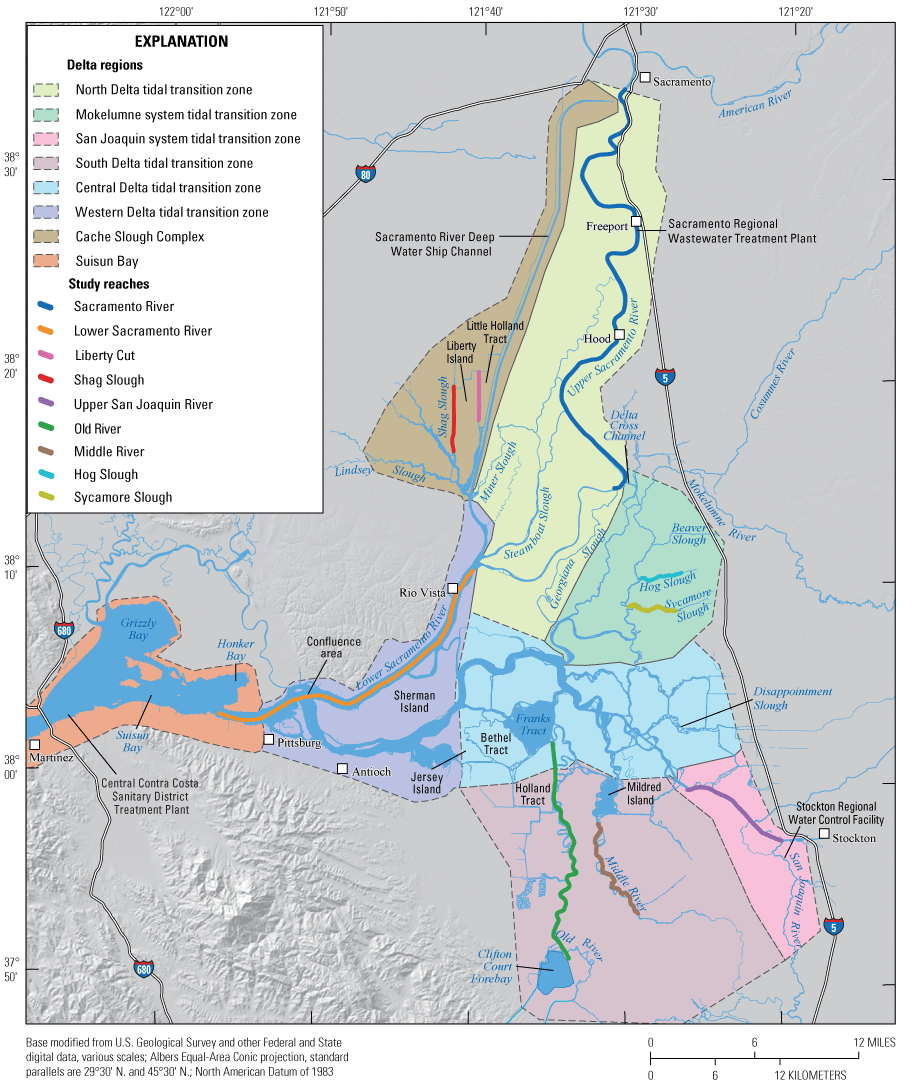 3. The Sacramento–San Joaquin Delta and Suisun Bay study area, showing the defined
                        study regions and study reaches.