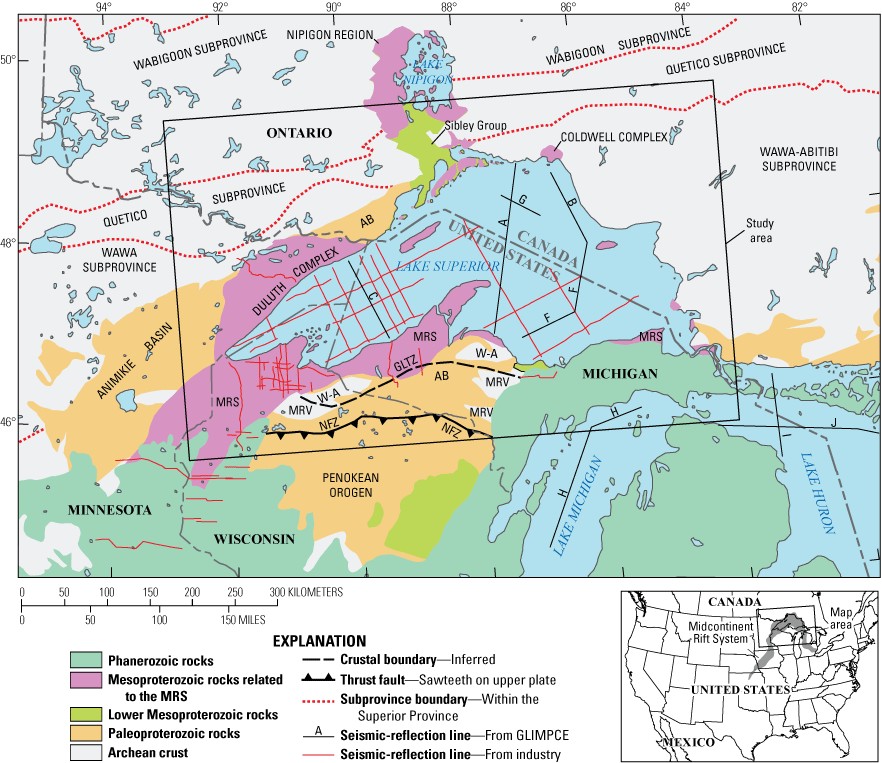 Geologic map shows study area in Lake Superior region and location of seismic reflection
                     lines.