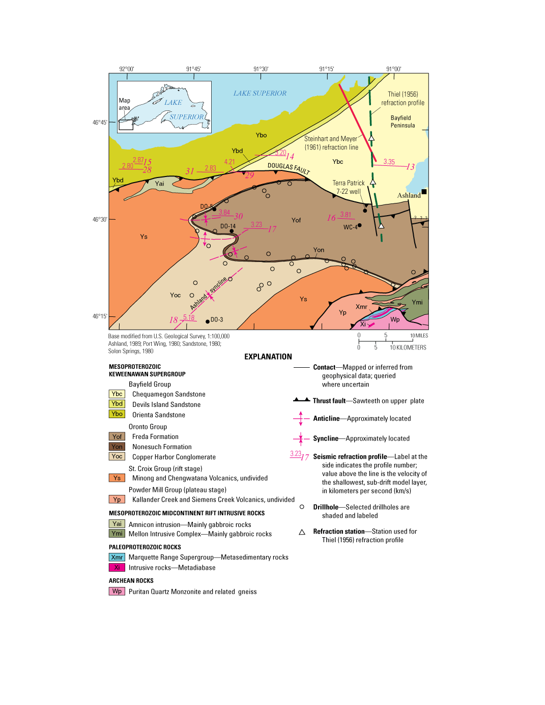 Bayfield County geology composed of Keweenawan rocks, is bisected by E-W trending,
                        N-verging Douglas thrust fault.