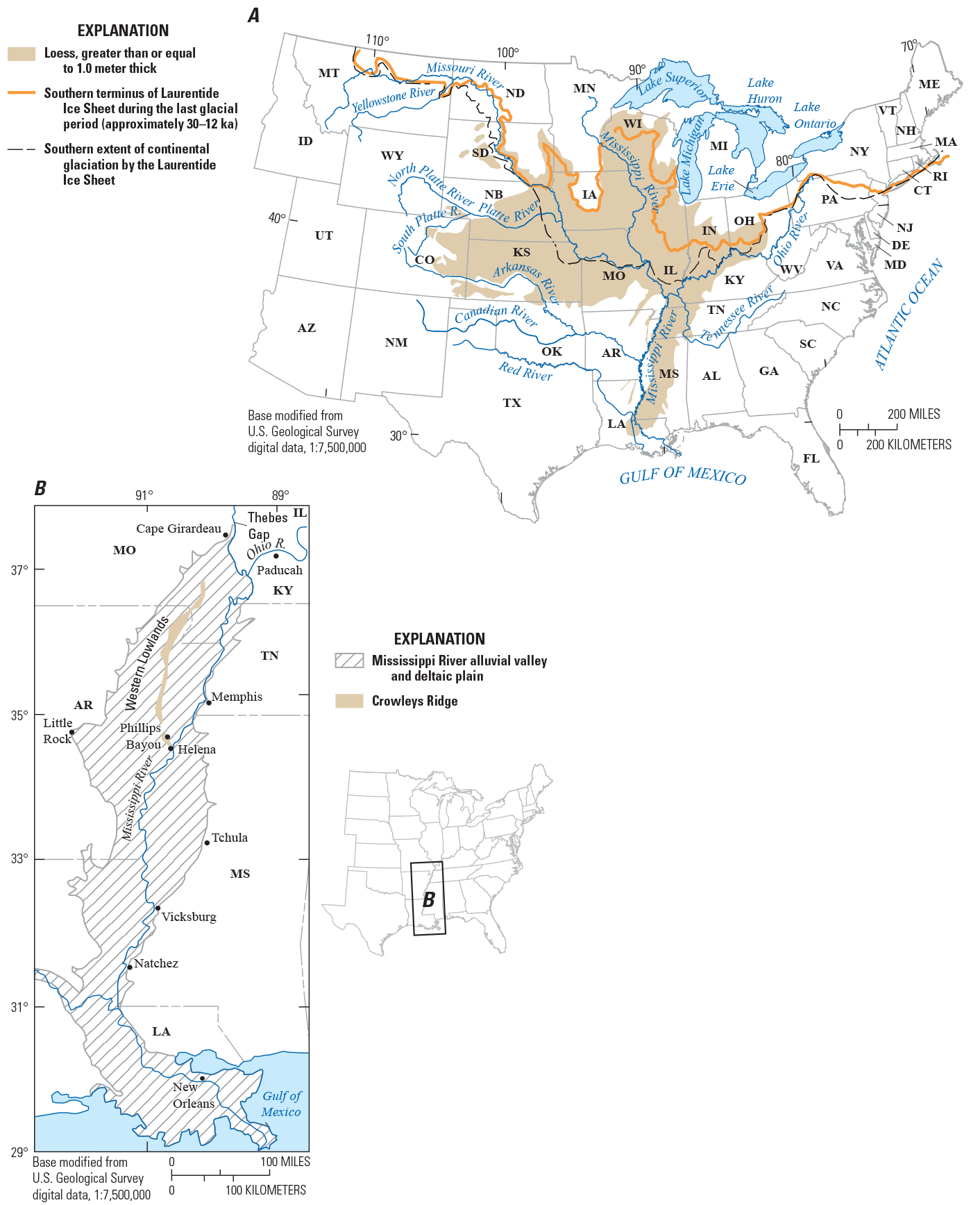Loess deposits are concentrated mainly across the Great Plains and Mississippi River
                     valley south of the extent of the Laurentide Ice Sheet.