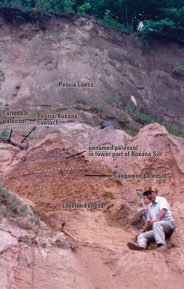 Quarry face with brown to reddish brown silt and paleosol layers exposed.