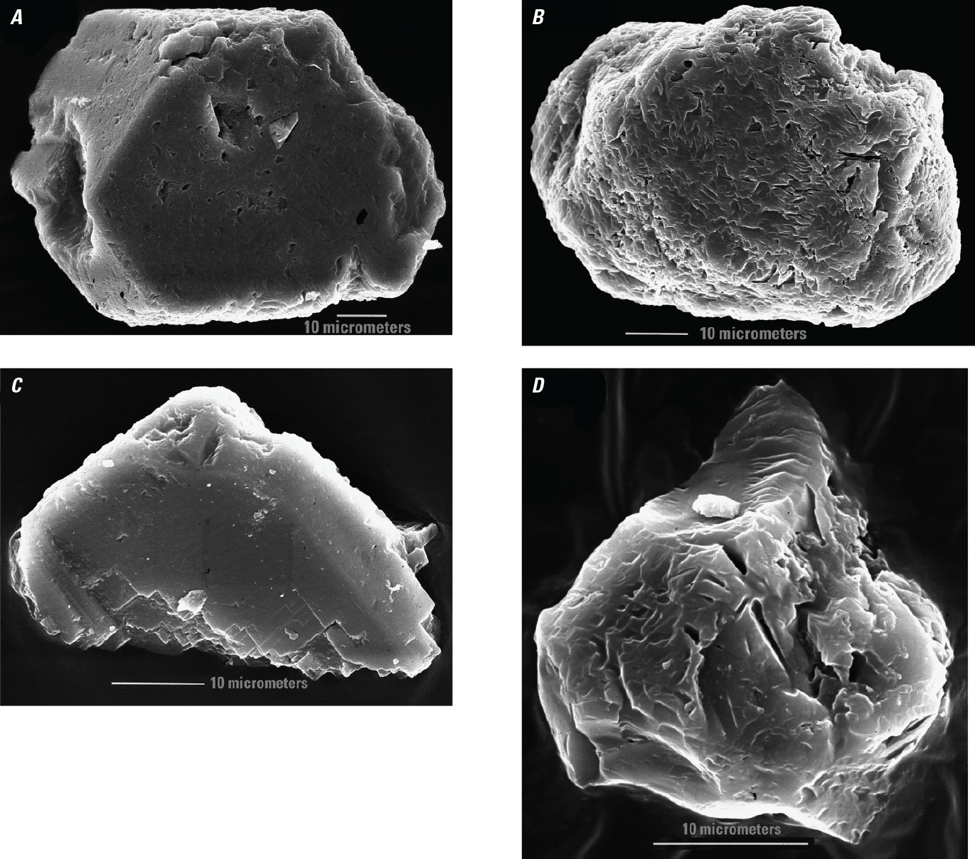 Very close-up pictures of mineral grains with jagged to pitted and worn to rounded
                     morphologies.