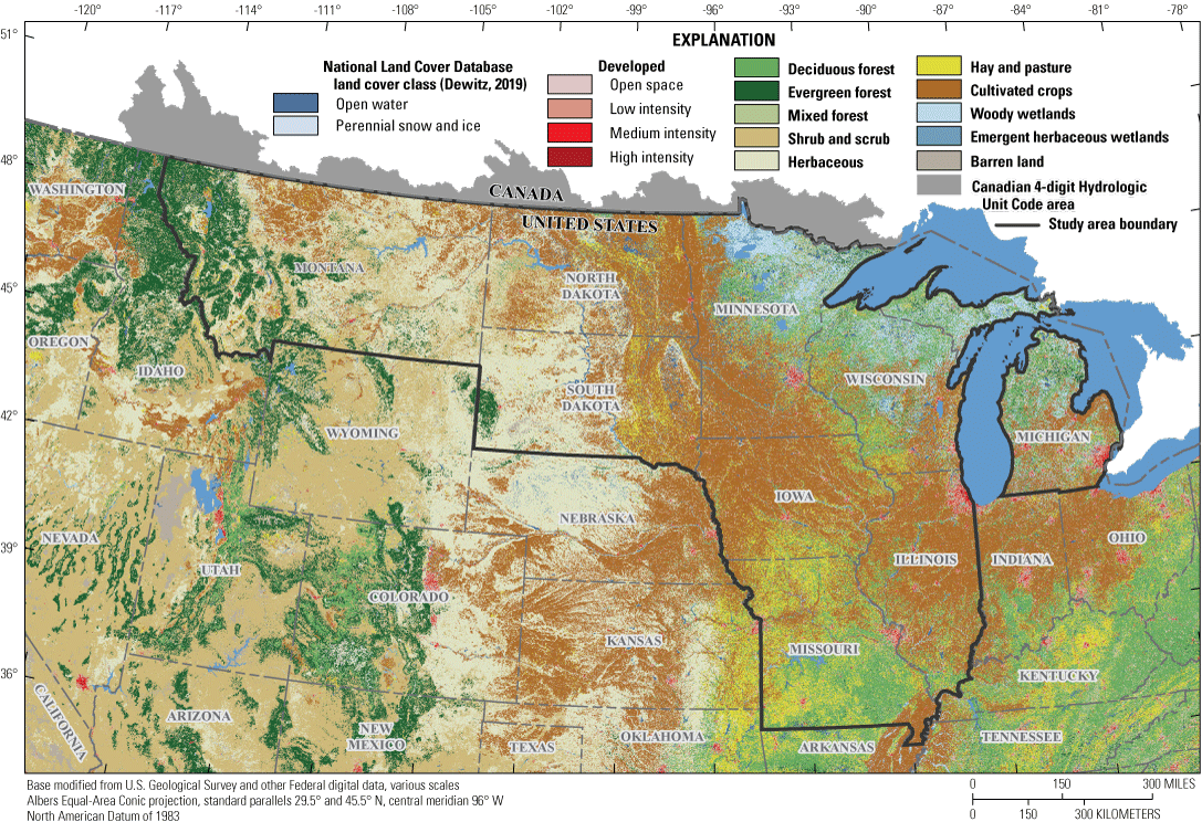 National Land Cover Database land cover classes for the study area and surrounding
                        States.