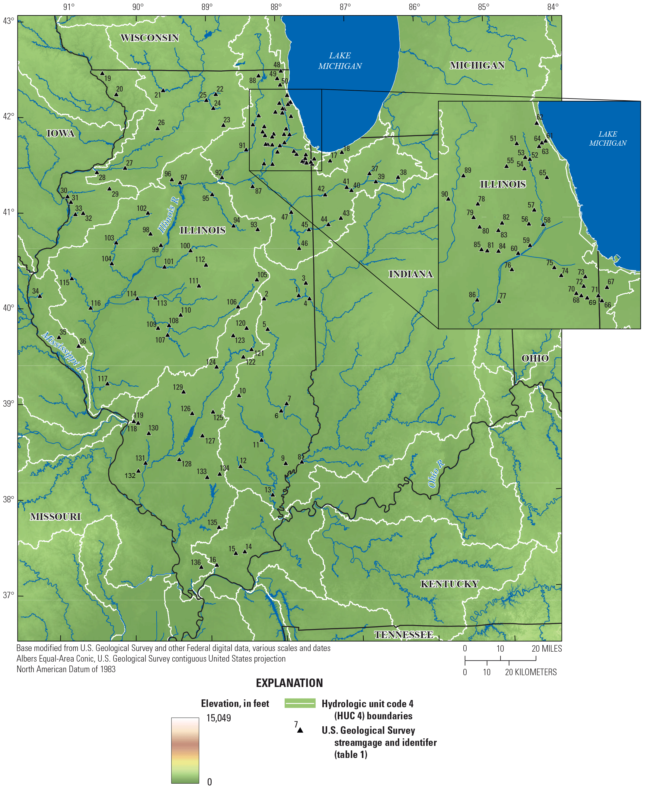 Elevation, major rivers, and U.S. Geological Survey streamgages in Illinois.
