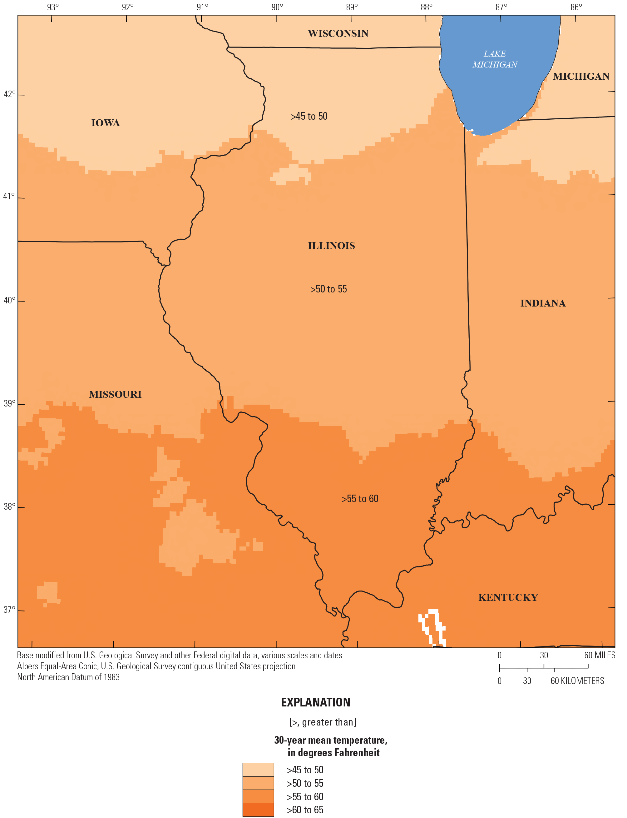 30-year mean annual temperature in Illinois, which increases towards the south.
